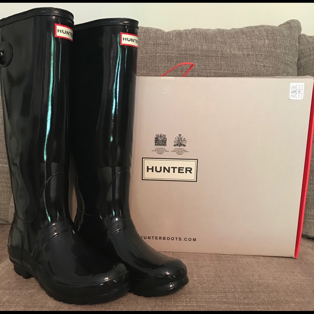HUNTER BLACK GLOSSY ADJUSTABLE BOOTS SZ8